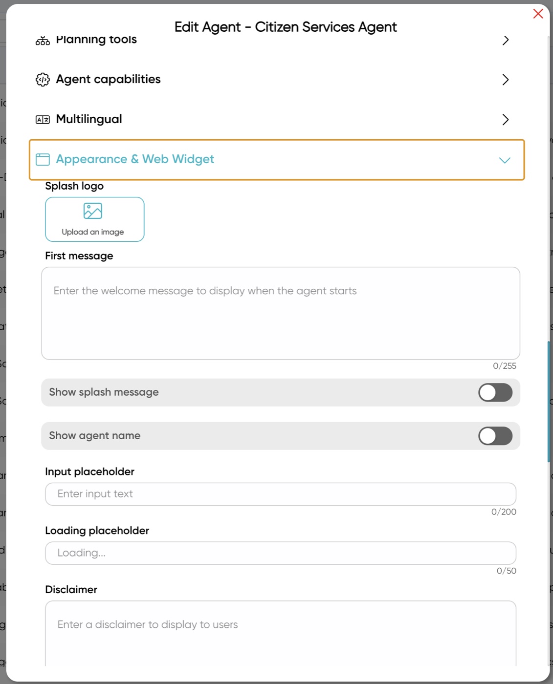 Appearance and web widget settings for the Citizen Services Agent