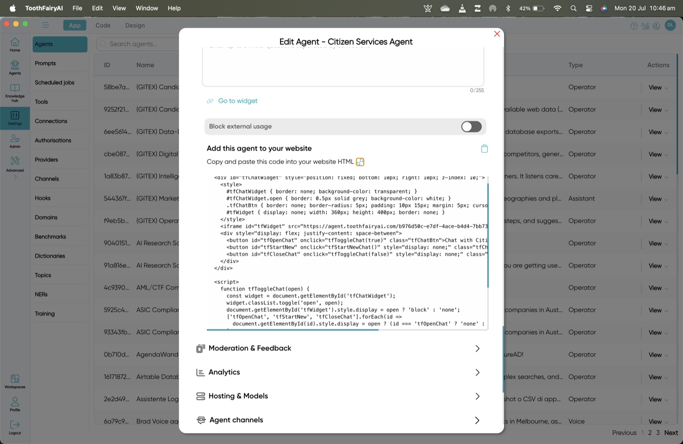 Copy the widget embed code to add the Citizen Services Agent to your website
