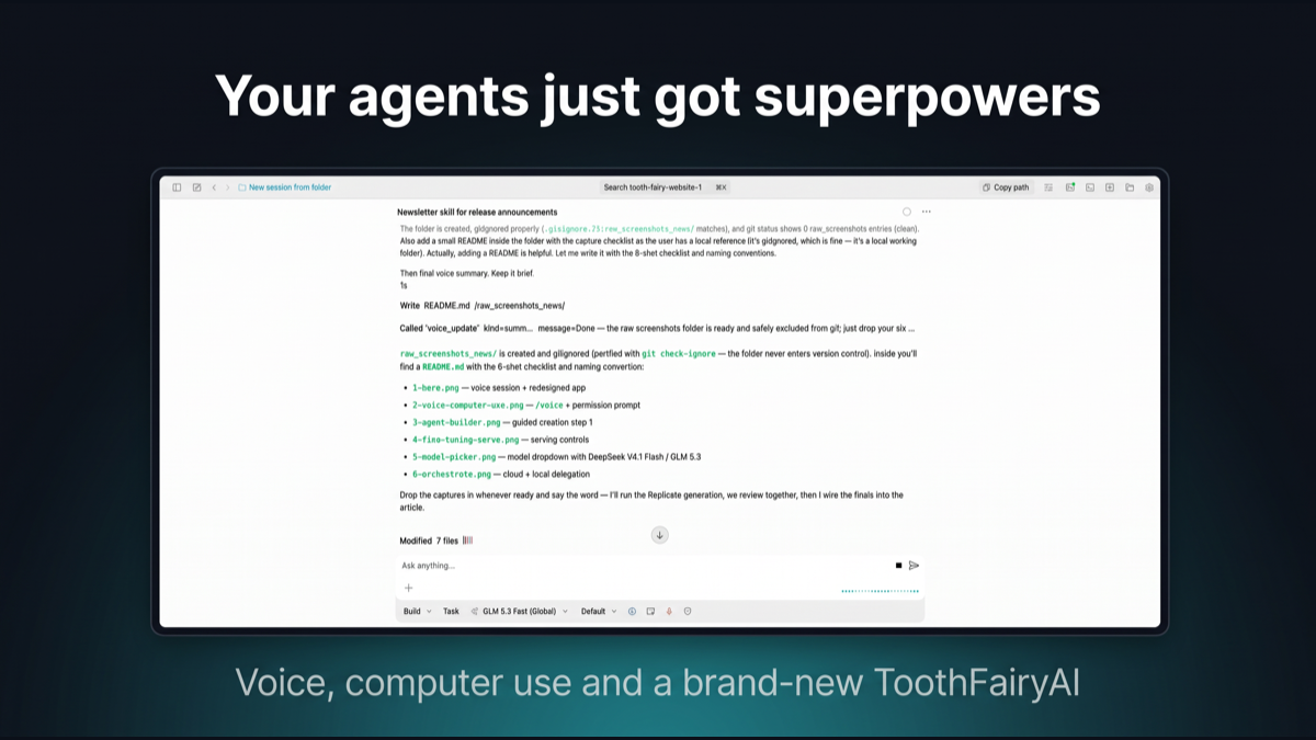 Hero image: a TF Code voice session in action — a terminal listening to speech beside the redesigned ToothFairyAI app